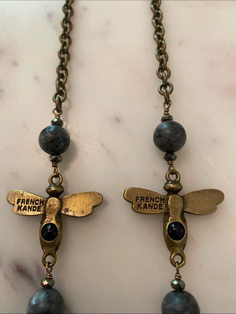 French Kande Brass Dragonfly Necklace with Black Beads - Picture 2 of 4
